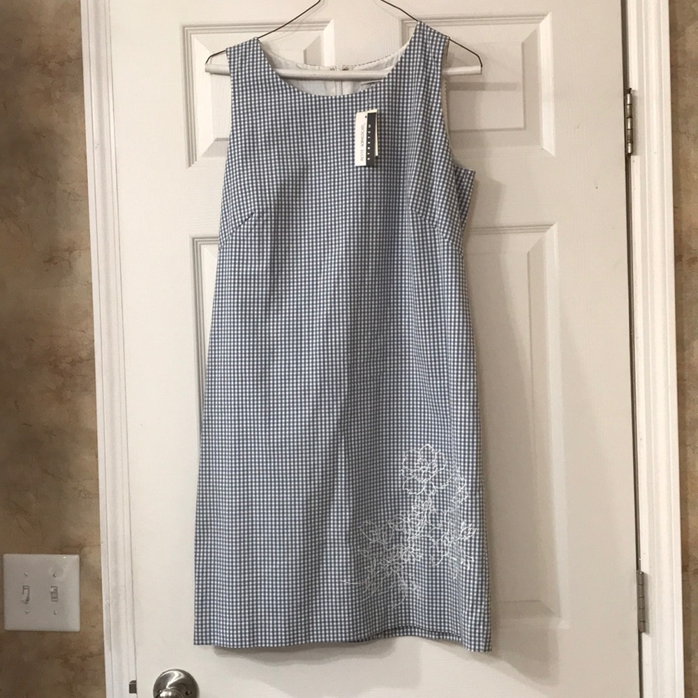 Petite Sophisticate sheath dress, blue gingham NWT